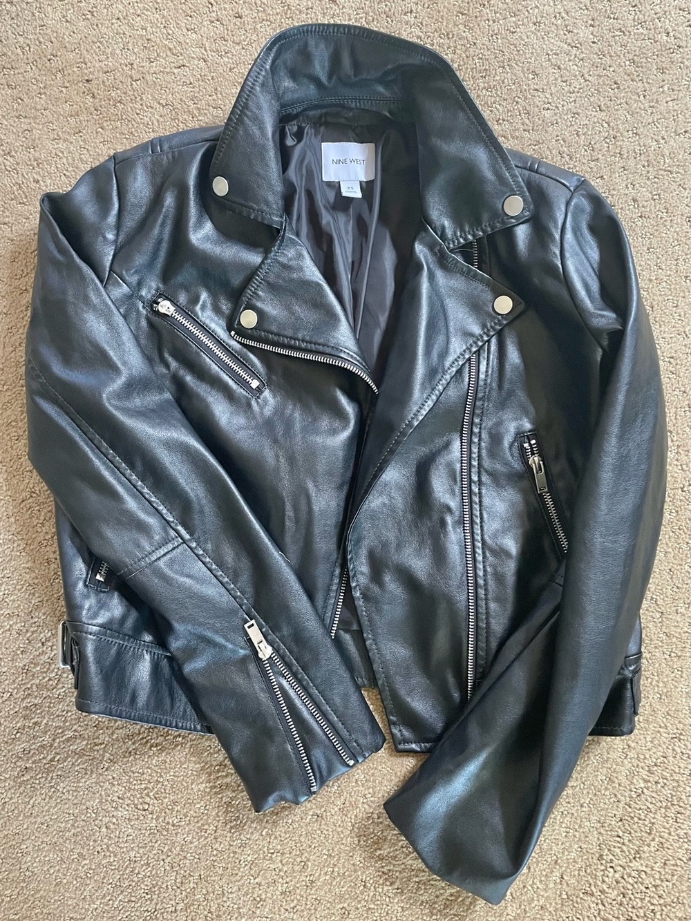 Nine West Women's Black Leather Moto Jacket, XS